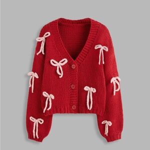 Cider Red Cardigan with Pink Bow Details